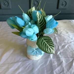 Spring/easter blue tulip centerpiece with glitter and painted upcycled tin can